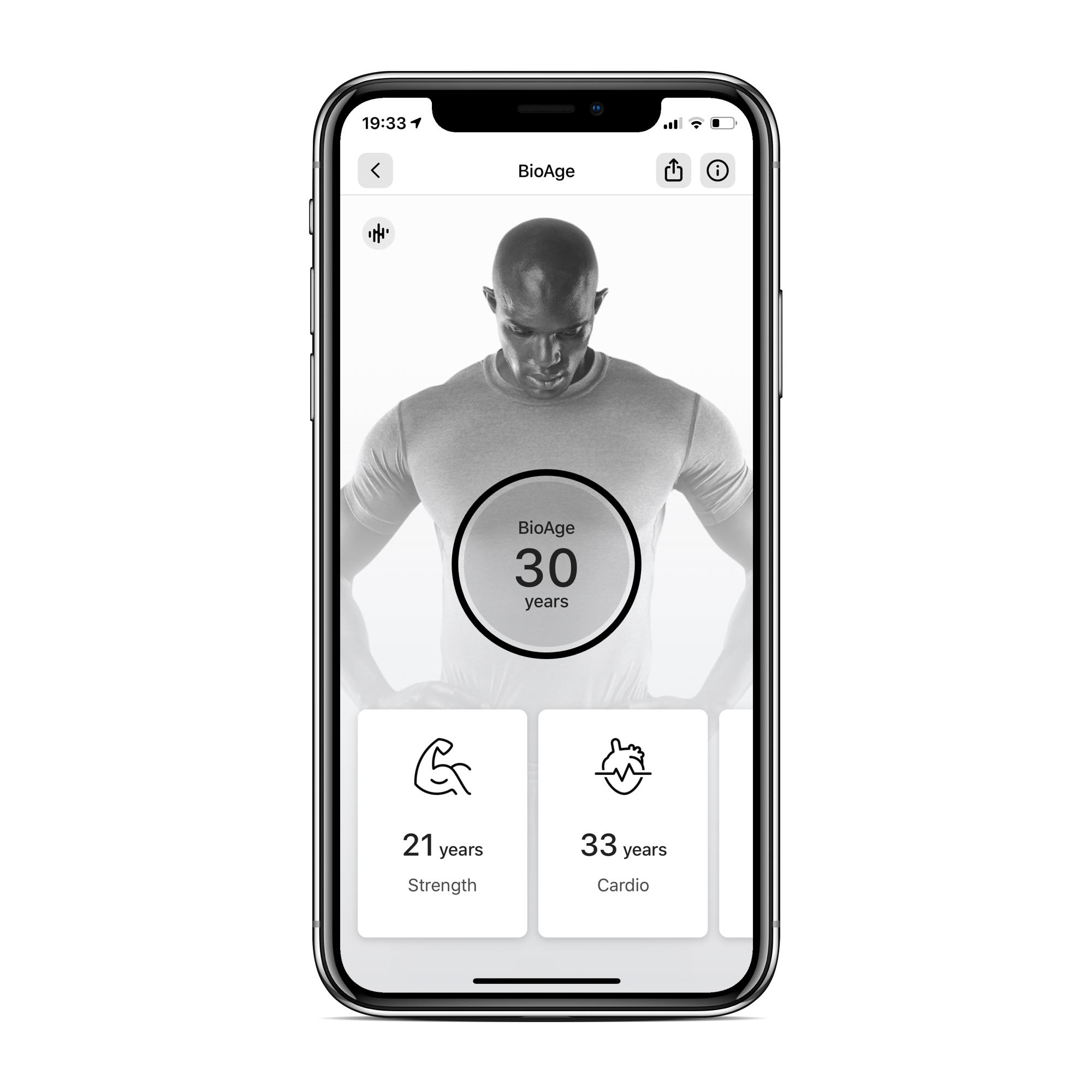EGYM app Bio-Age scherm met kracht- en cardio-leeftijd